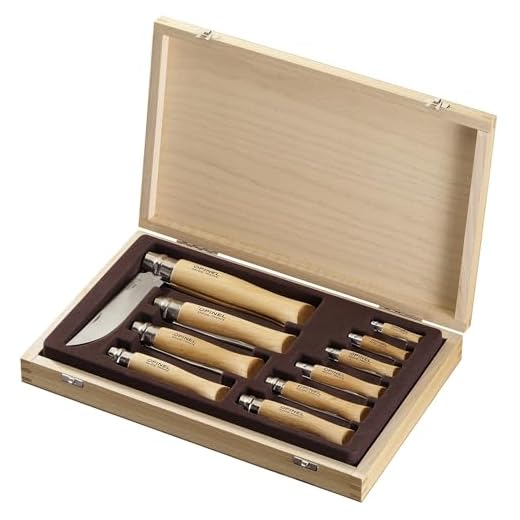 OPINEL - La Collection 10 Couteaux Inox - Couteaux Collection OPINEL - Couteaux Pliants N°02 à N°12 - Lame Yatagan Inox & Manche en bois de Hêtre - Coffret en Chêne