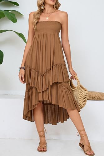 Women 2025 Summer Casual Elastic Waist Dress Backless Strapless Tiered Ruffle A Line Flowy Swing Beach Dress4