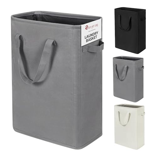 ZERO JET LAG Slim Laundry Hamper With Handles Collapsible Laundry Basket Thin Dirty Clothes Basket Narrow Laundry Bag Foldable Dirty Cloth Hamper 45L (21 inches,Grey)