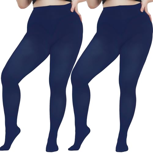 Image of Women's Plus Size Tights Opaque Ultra-Soft Pantyhose High Waist Run Resistant Solid Color Elastic Tights 1X, 2X, 3X, 4X 2Navy Blue X-Large