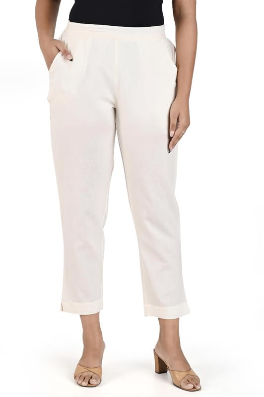 Image of Women's Solid Straight Fit 100% Cotton Trousers | High Waist, Side Pockets, Ankle Length Pants for Office, Casual