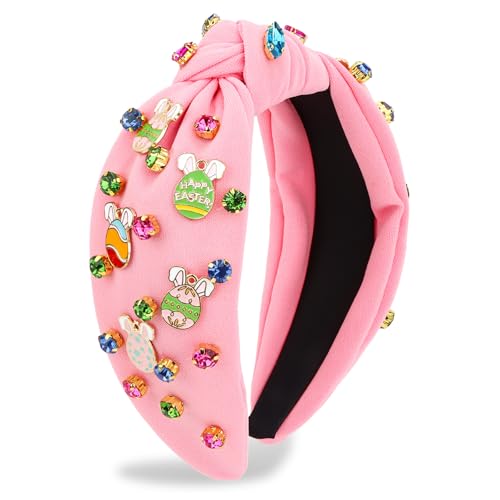 ANBALA 1 Pack Easter Headbands for Women Cute Bunny Ears Eggs Jeweled Knotted Headband Rhinestone Crystal Top Knot Wide Hairband for Easter Spring Party Gift
