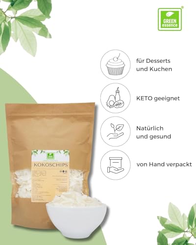 Kokos Chips 1 Kg (2 * 500g) von der Grünen Essenz - Fertigsnack in Scheiben - ungesüßt - Kokosnusschips - ohne Konservierungsstoffe oder GVO - KETO Kokosflocken - 100% Kokosnuss-Chips (1000 G)