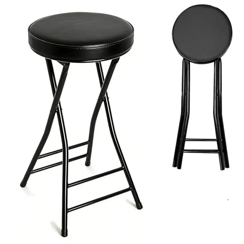 Puclekne Folding Bar Stool,24 Inch Tall Foldable Stool Chair,Counter Height Cushioned Leather Padded Portable Stools,Heavy Duty Collapsible Stools for Kitchen Island Garden Camping Brown