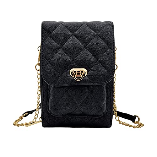 Bhumane Small Crossbody Phone Leather Bag for Women Mini Shoulder Wallet Card Purse Quilted (D - Black)