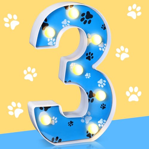Image of Havawish Blue Paw Dog Birthday Light up Number Sign Dog Birthday Party Decorations for Boy Themed Party Supplies Prop Backdrop Sign, 8.58 Inches(Number 3)