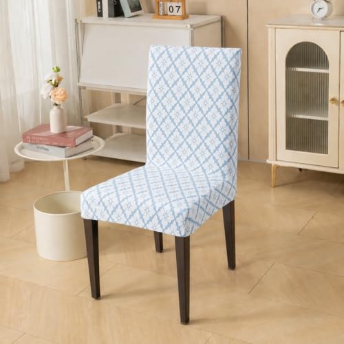 Image of HOMETHREADS Stretchable Elastic Jacquard Chair Seat Cover and Waterproof Dining Table Cover | Removable,Washable & Durable Chair Protector |for Dining Room (F Blue, 4Chairs+1Table Cover (150X180))