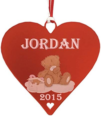 Girls & Boys Christmas Teddy Heart Personalised Acrylic Christmas Tree Decoration / Bauble / Plaque / Gift 1st Christmas (Red)
