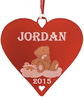 Girls & Boys Christmas Teddy Heart Personalised Acrylic Christmas Tree Decoration / Bauble / Plaque / Gift 1st Christmas (Red)