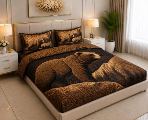 Image of 7D Digital Printed King Size Bedsheet | 240TC Premium Cotton Feel Microfiber with 2 Pillow Covers | Soft Breathable & Wrinkle Free Bedding Set | (DigitalBear, King Size-90x100 Inch)