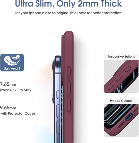 Image of DIZORO Compatible for iPhone 17 Pro Case,Classic Liquid Silicone Mobile Phone Case,Integrated Camera Control Button,Anti-Scratch Soft Microfiber Lining, Ice Wine Red