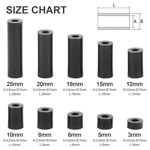 Image of Exqutoo Black ABS Round Washers ID 3.2mm,OD 7mm, 3mm 5mm 6mm 8mm 10mm 15mm 18mm 20mm 25mm Length, Assortment Kit, Non-Threaded, Suitable for M3 Screws Hardware Spacer Bracket