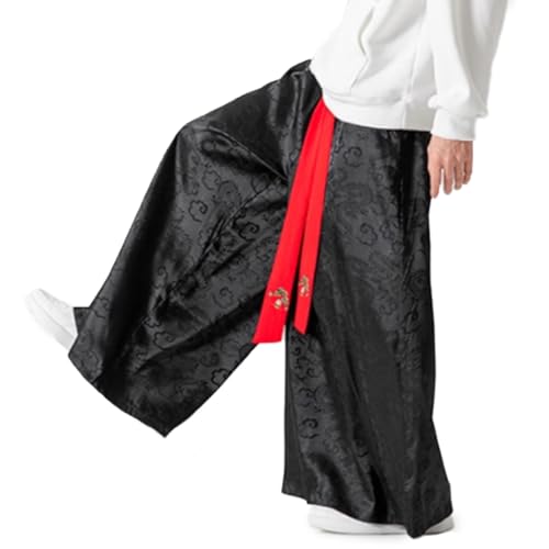 HZCX FASHON Mens Womens Wide Leg Hanfu Pants Skirt Chinese Dragon Silk Stain Oversized Palazzo Trousers