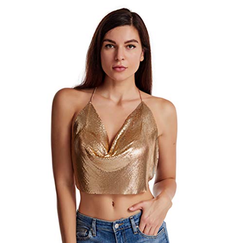 Kuji Women Metal Sequin Sparkle Glitter Tank Deep V Neck Spaghetti Strap Backless Halter Tops (Gold)