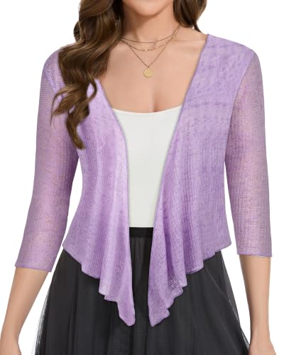 Image of Women Crop Cardigan Sheer Mesh Bolero Shrug for Dress Tie Front 3 /4 Sleeve Tops
