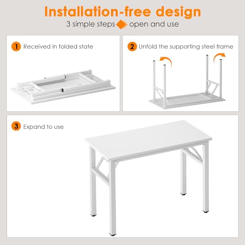 Image of Need 39.4 Inch Folding Desk for Small Spaces, Home Office Computer Desk with White Wood Top & Metal Frame, Foldable Writing Table for Study, Bedroom, Dorm Room & Student