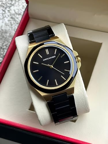 Image of AMERICANVIBER Modern Analog Watch, Silver and Black Two-Tone Stainless Steel Band, Octagonal Case, White Dial for Men