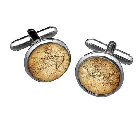 Mancuernillas para hombres vintage mapa mundial plata miniatura 1
