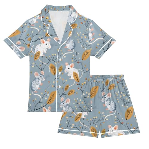 Animal Mouse Leaves Pajamas Set Summer Button Down Sleepwear Pjs Sets Comfy Loungewear