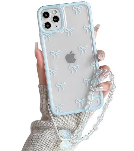 Image of NITITOP Compatible with iPhone 11 Pro Case Cute Clear Blue Durable Ribbon Bowknot Pattern for Girls Women with Chain Wrist Strap Soft TPU Transparent Shockproof Protective Phone Cover - Blue