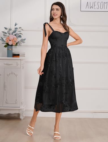 Spaghetti Strap Embroidered Floral Dress for Women Wedding Formal Tulle Prom Corset Dress Smocked Split Midi Tea Party Dress3