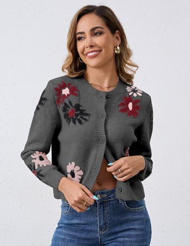Image of Cardigan Sweaters for Women Cropped Button Down Sweater Long Sleeve Crew Neck Knit Floral Print Outwear