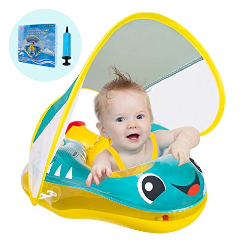Baby Swimming Float Inflatable Baby Pool Float, Anti-Flip, Newest with Sun Protection Canopy & Bottom Support Tail, Infant Pool Float for Age of 3-36 Months