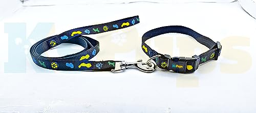 Image of 15mm Soft Printed Dog Collar and Leash Set I Puppy Printed, Adjustable Nylon Collar with Leash I for Small and Medium Dogs (Black)