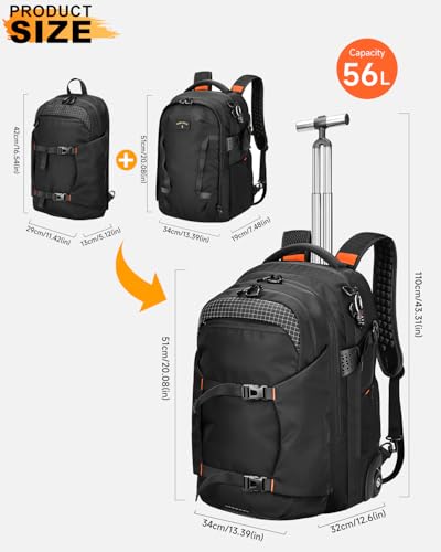 Rolling Backpack, 56L Large Backpacks with Wheels-Splits into Daypack & Laptop Backpack Fits 17 Inch Laptop,Water-Resistant & Carry-On Friendly for College,travel,camping,Weekender Hiking Black - Image 5