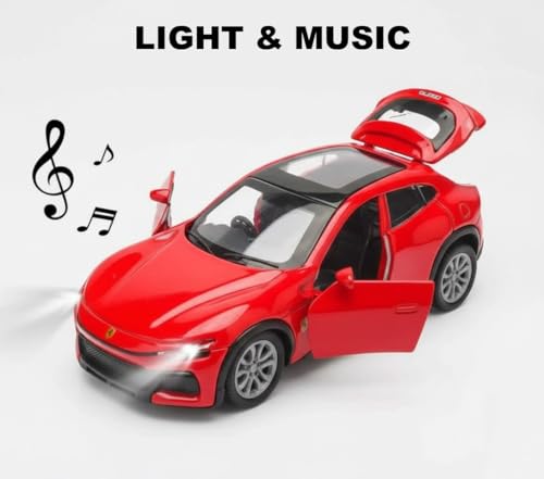 Image of 1:36 Scale Miniature Ferrari Toy Car - Die-Cast Metal Pull Back Sports Car with Openable Doors, Lights & Music - Alloy Model Vehicle for Kids, Boys & Collector 【Color As Per Stock】