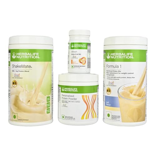 HERBALIFE Formula 1 Shake Kulfi Flavor 500g, Protein 200g, Afresh Peach 50g, Shakemate Nutrition Drink 500g (Pack of 4)