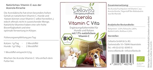 Cellavita Bio Acerola Vitamin C Pulver 100% natürlich | Immunsystem, Vitamine - für Hunde & Katze & Tiere von Cellavita (120g)