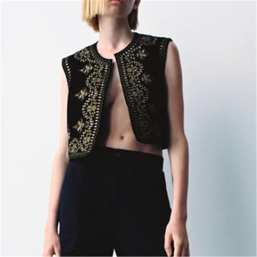 Image of Women Vintage Floral Embroidered Vest Y2K Sleeveless Open Front Cardigan Boho Linen Cropped Waistcoat