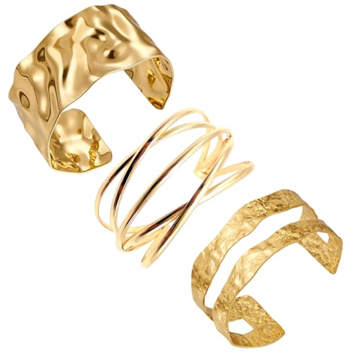 PcvGef 3 Stück Armreif Gold, Vintage Schmuck Armreifen Gold Damen, Elegante Bangles für Hochzeit Party Alltag, Verstellbare Offene Armreife