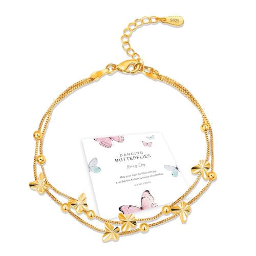 XOEMEL Pulsera de plata 925 para mujer, mariposas, pulsera de oro rosa para mujer con perlas, pulsera ajustable en capas, pulseras de la amistad, regalos para mujeres, 17,7 pulgadas, Plata de ley