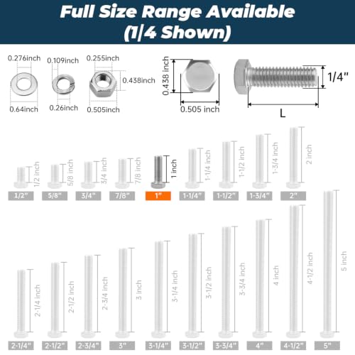 Image of 10 Sets Glvaner 1 /4-20 x 1 Stainless Steel Hex Head Screws Bolts, Nuts, Flat & Lock Washers, 18-8 (304) Stainless Steel, Full Thread, Coarse Thread