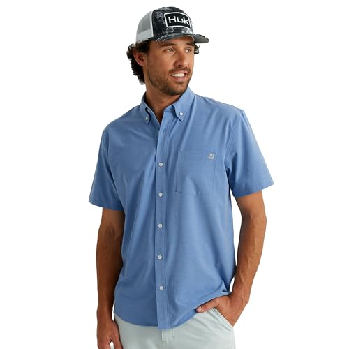 HUK Mens Kona Solid Short Sleeve Fishing Button Down Shirt for Men, Quiet Harbor, Large