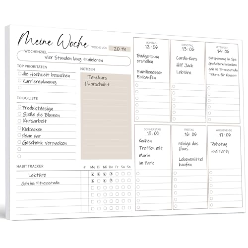 BIROYAL Wochenplaner Block A4 ohne festes Datum (50 Seiten), Schreibtischunterlage mit ToDo Liste, Wochenkalender Wochen Planer mit Wochenübersicht&Habit-Tracker für Termine, Aufgaben& Notizen