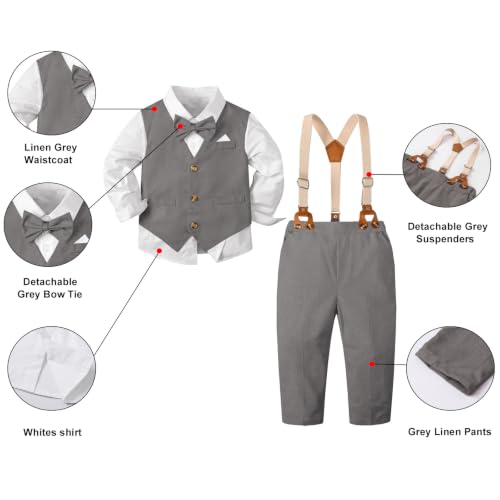 Image of SANGTREE Boys Suit Cotton Linen Formal Set Baby Boy Dress Clothes Gentleman Wedding Ring Bearer Outfits, 3 Months - 9 Years