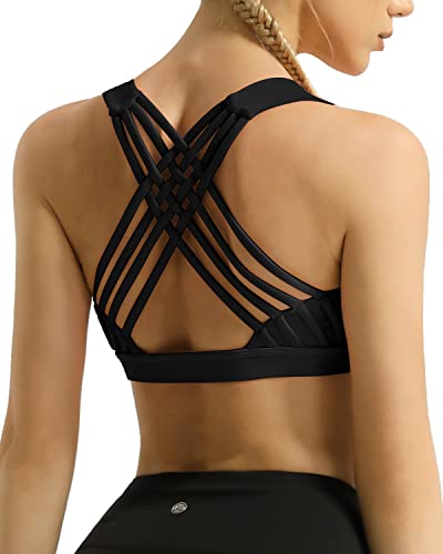 Queenieke Women's Medium Support Strappy Back Energy Sport Bra Cotton Feel Size M Color Black Pro #TOP3