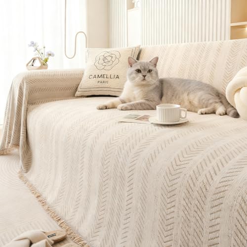 Kabisoriソファー -カバー 北欧風のおしゃれなヘリンボーン調フリンジ付き多機能カバー アーム付き・アームなし両用 リビングで使える ソファーカバー 防水防塵・耐傷 猫爪とぎ防止マルチカバー かけるだけズレないカーキ色180x300cm3人掛