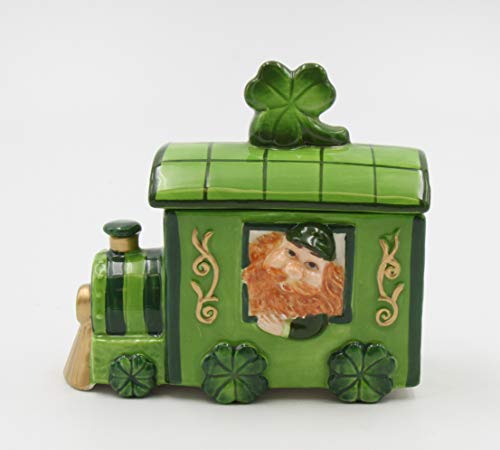 Cosmos Gifts Fine Ceramic Green St Patrick Shamrock Leprechaun Train Engine Caboose Covered Trinket Box, 4-1/4" L