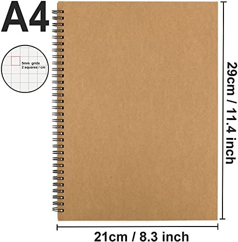 INNAXA 2 Pack A4 Square Grid Spiral Notebook, Kraft Cover Natural Shade Pages, Ruled Wirebound Notebooks Bulk Journals (Square Grid), 100 Pages