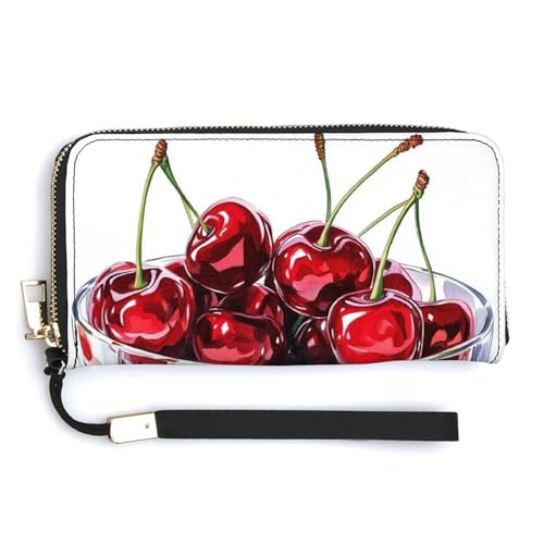 Glass Bowl with Cherries PU Leather Clutch Long Bifold Wallet, Coin Purse Credit Pass Case, Durable Card-Holder Money Storage for Women Men