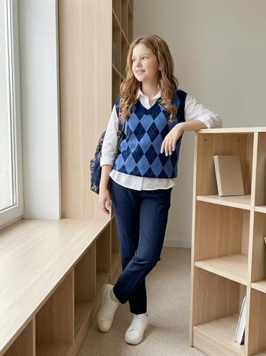 Image of SELINK Boys Girls V Neck Argyle Knit School Uniform Sweater Vest | Soft Cotton Polyester Blend Knitted Vest,Stockinette Stitch,Hand Wash Only For School Uniform Daily Wear