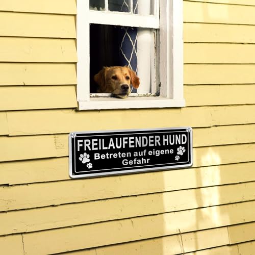 SINMAO Schild Freilaufender Hund Retro Schwarz 25x9cm Gebürstetes Aluminium, Schild Achtung Hund Betreten auf Eigene Gefahr 2 Stück