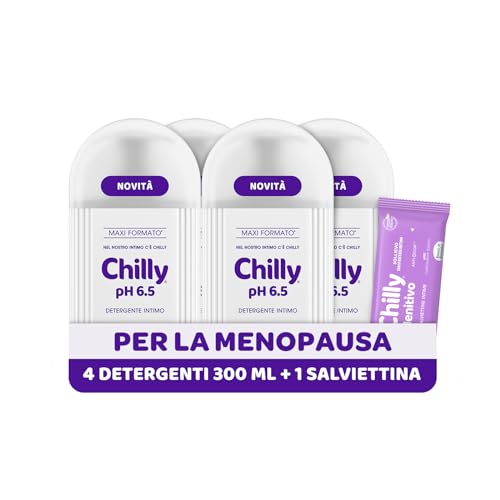 Chilly, Detergente Intimo Ph 6.5, Nutriente Per La Menopausa, Con Complesso Anti-Odor Igiene Intima, Con Acido Ialuronico Dalle Proprietà Idratanti, Ph 6.5, Clinicamente Testato, 4 Pezzi Da 300 Ml-image