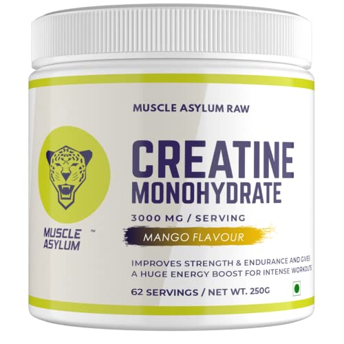 Image of Muscle Asylum Creatine Monohydrate Mango Flavour | 3000mg Creatine Per Serving | Pre Workout Supplement for Strength, Energy, Endurance & Muscle Recovery | Micronized Creatine Powder | 62 Servings | 250g