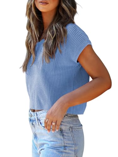 Image of LCXWFE Womens Summer Cropped Sweater Vest Trendy Cap Sleeve Crop Tops Crew Neck Loose Knit Tank Top