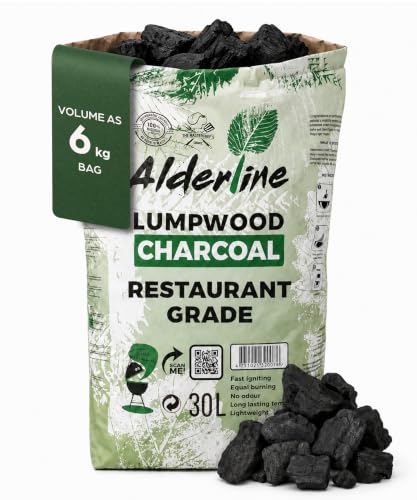 Alderline Barbecue au charbon de bois - Sans fumée et améliorant les saveurs, à lumière rapide, durable, pour barbecues et styles de cuisine - Sac de 5 à 20 cm de 30 l - Charbon de bois de qualité